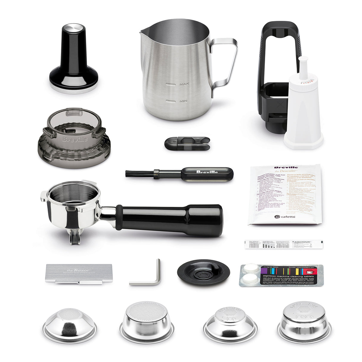 Collection of Breville coffee brewing tools and accessories on a white background