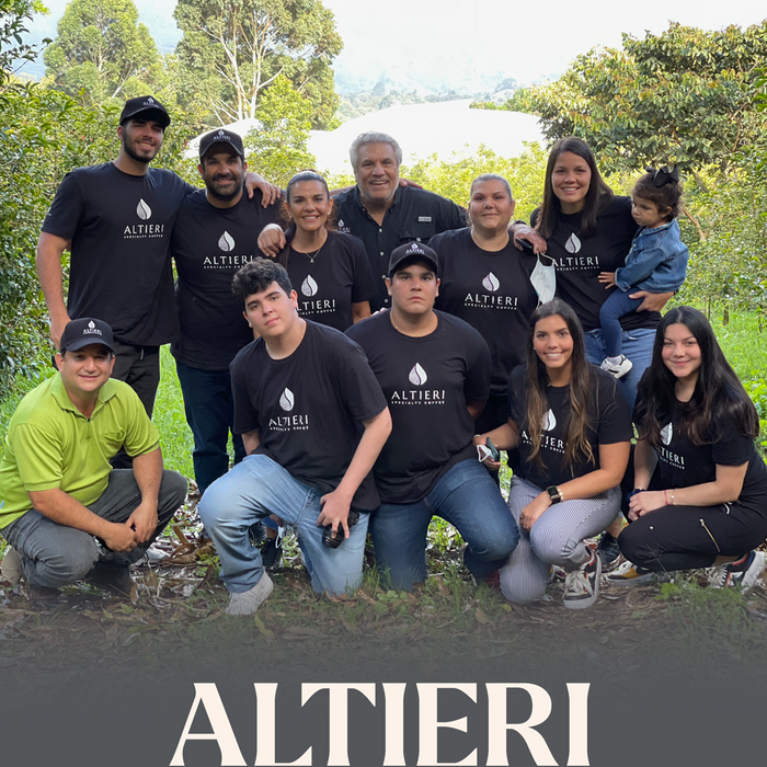 Group photo of 12 family members with the word “ALTIERI” branded in the foreground.