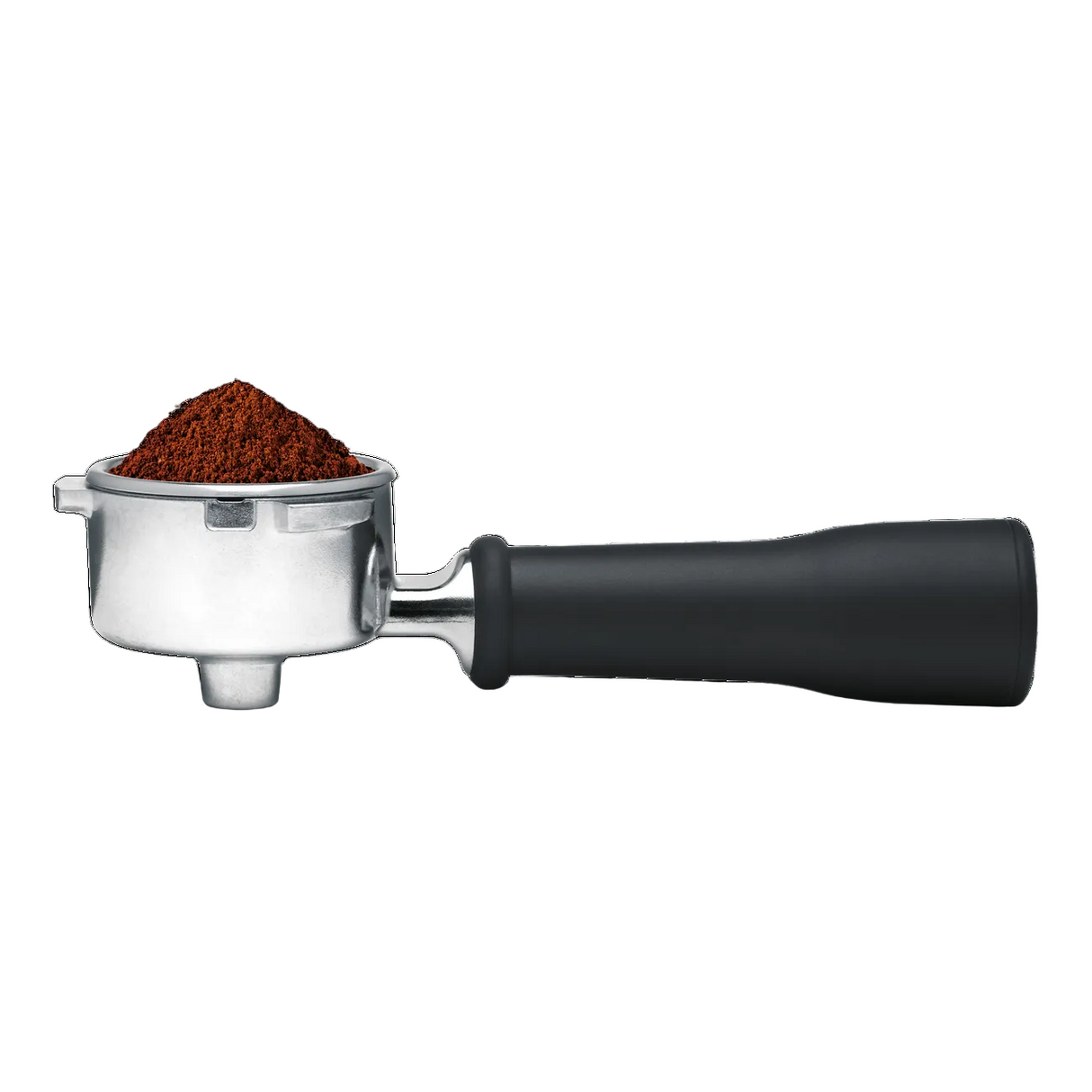 Breville portafilter with coffee grounds.