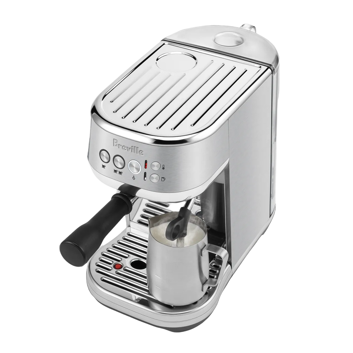Breville Bambino Plus Espresso Machine with Breville on a white background with steam wand in pitcher steaming milk, top 3/4 view.