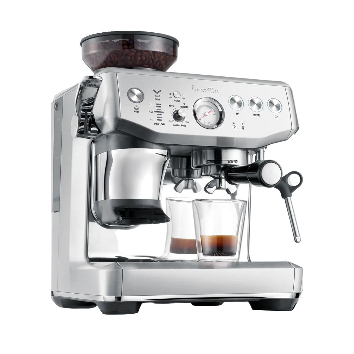 Breville Barista Express Impress Espresso Machine with glasses of espresso on a white background