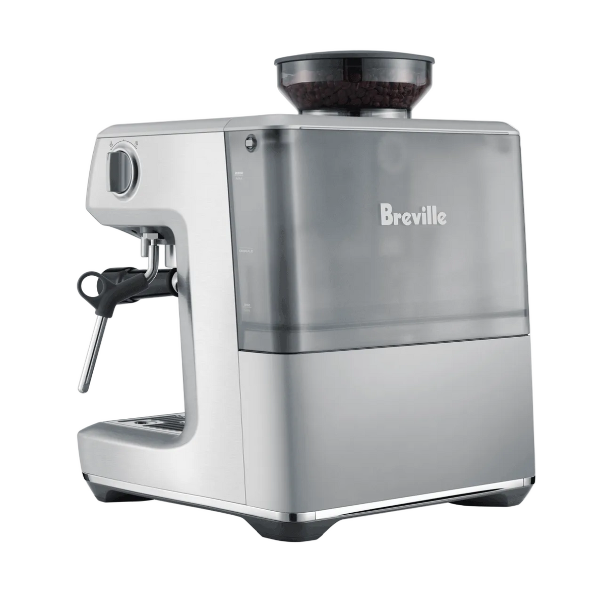 Breville Barista Express Impress Espresso Machine on a white background 3/4 view back.