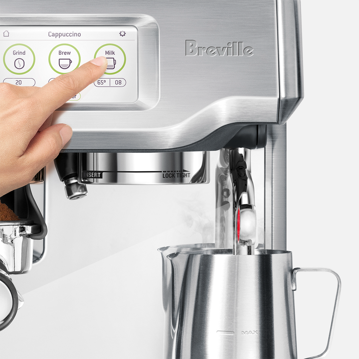 Barista Touch Espresso Machine with a hand pressing a button on the screen panel.