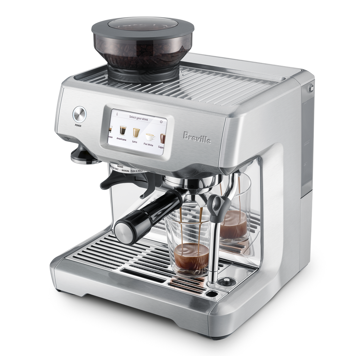 Barista Touch Espresso Machine with shot glass of espresso top 3/4 view