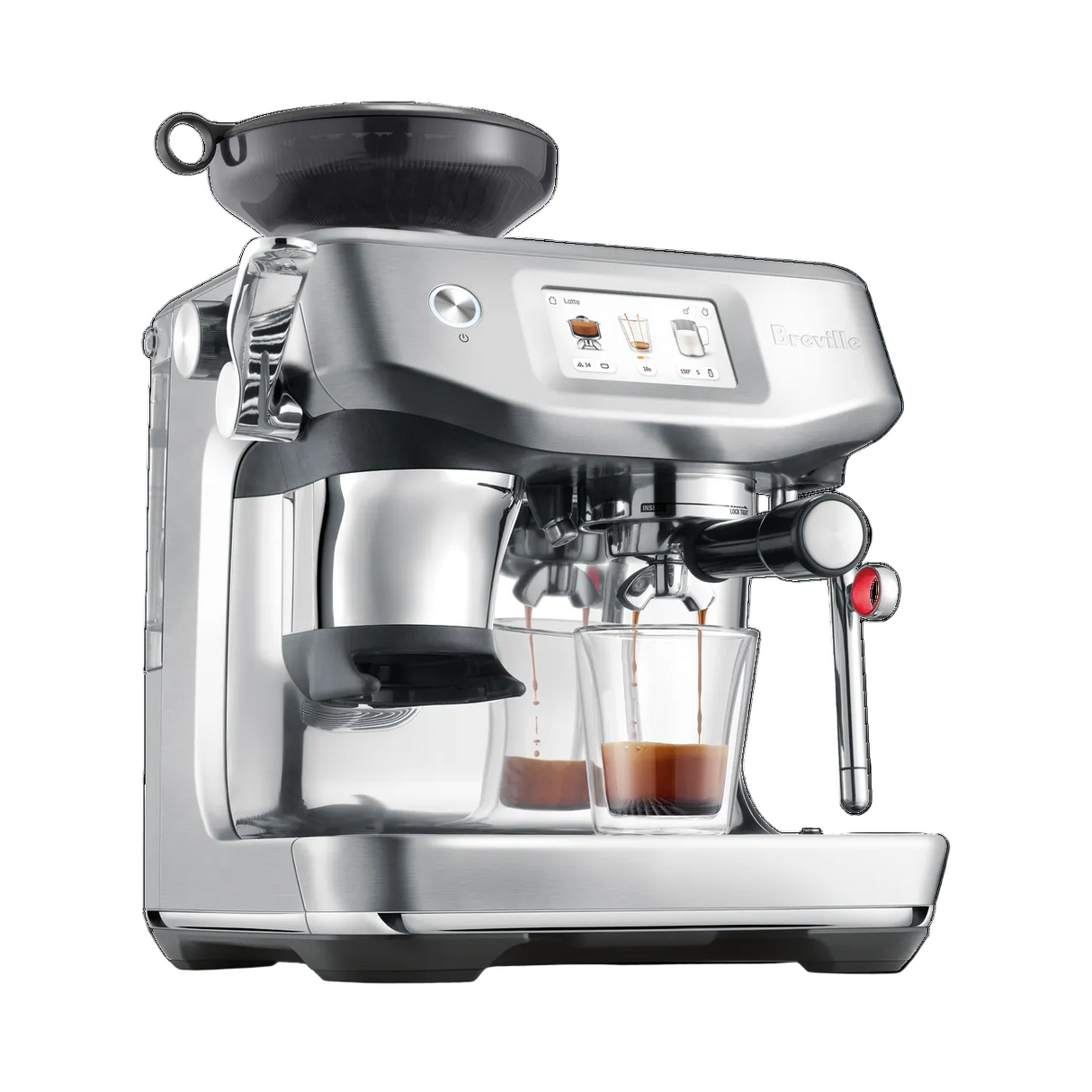 Breville Impress Touch Espresso Machine with a digital display on a white background.