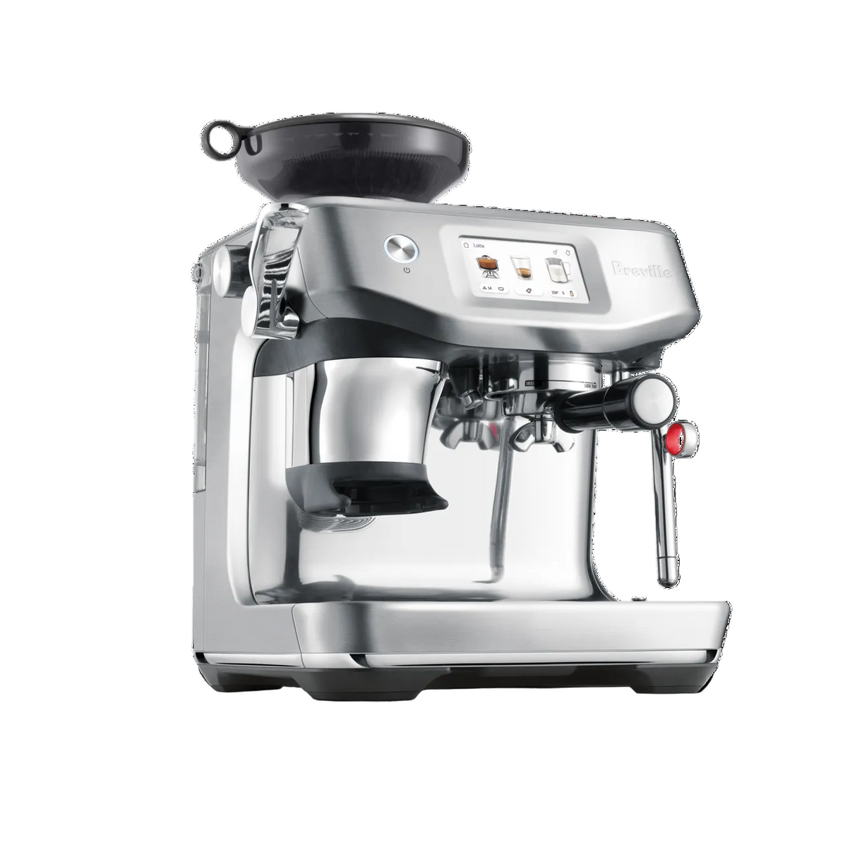 Breville Barista Impress Touch Espresso machine with dimensions indicated on a white background