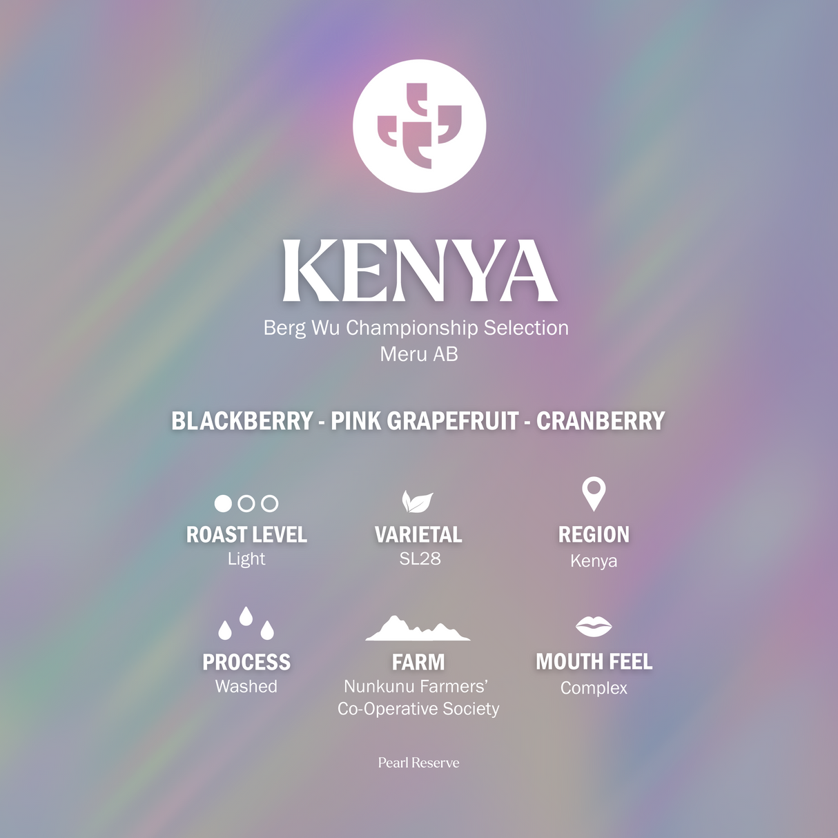 Kenya Berg Wu Coffee Information Card: Kenya Berg Wu Championship Selection AB, Blackberry, pink grapefruit, cranberry, roast level light, varietal SL28, rgion kenya, process wahsed farm nunkunu farmers' co-operative society, mouthfeel complex.