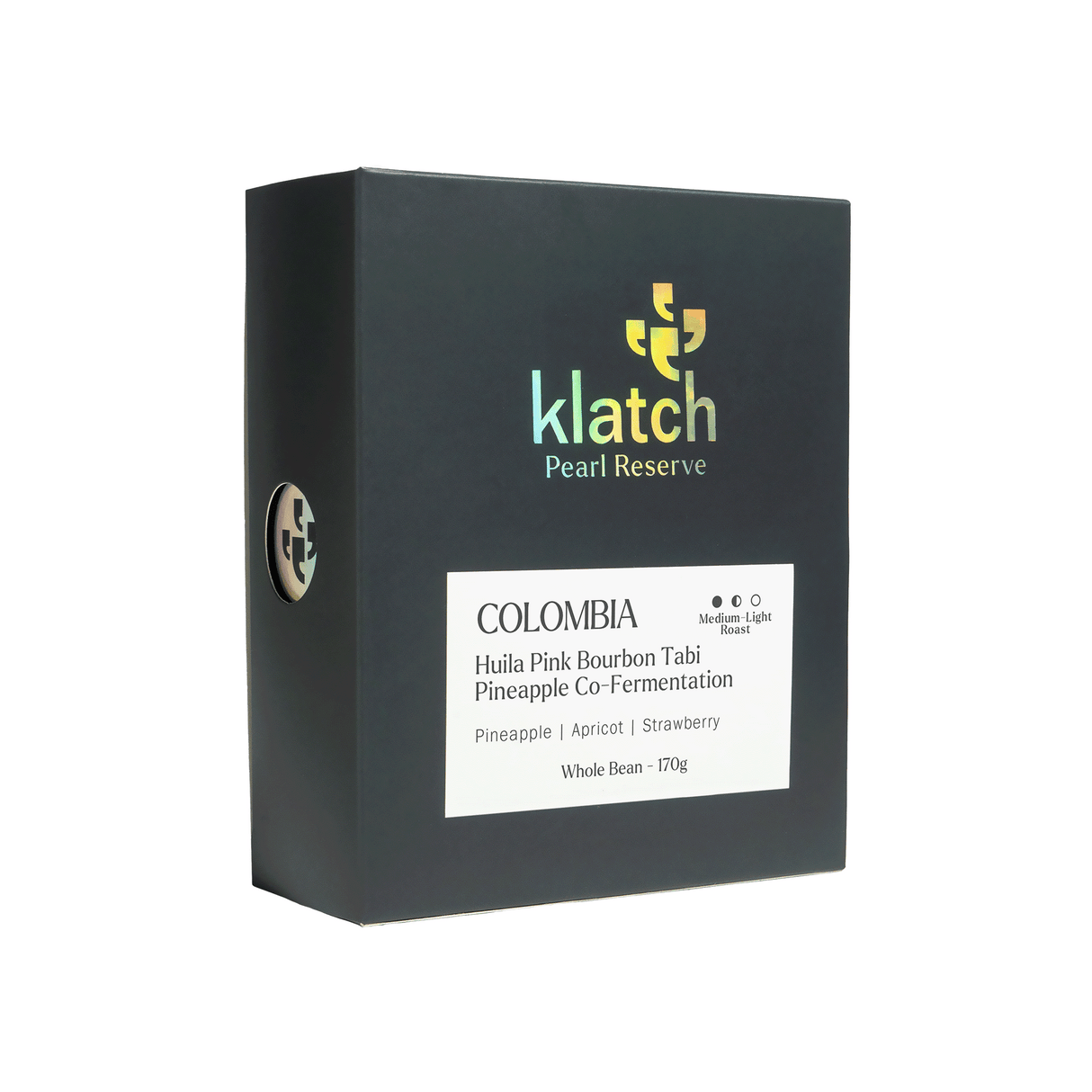 Klatch Coffee Pearl Reserve Colombia Huila Pink Bourbon Tabi Pineapple Co-Fermentation in black box with white background.