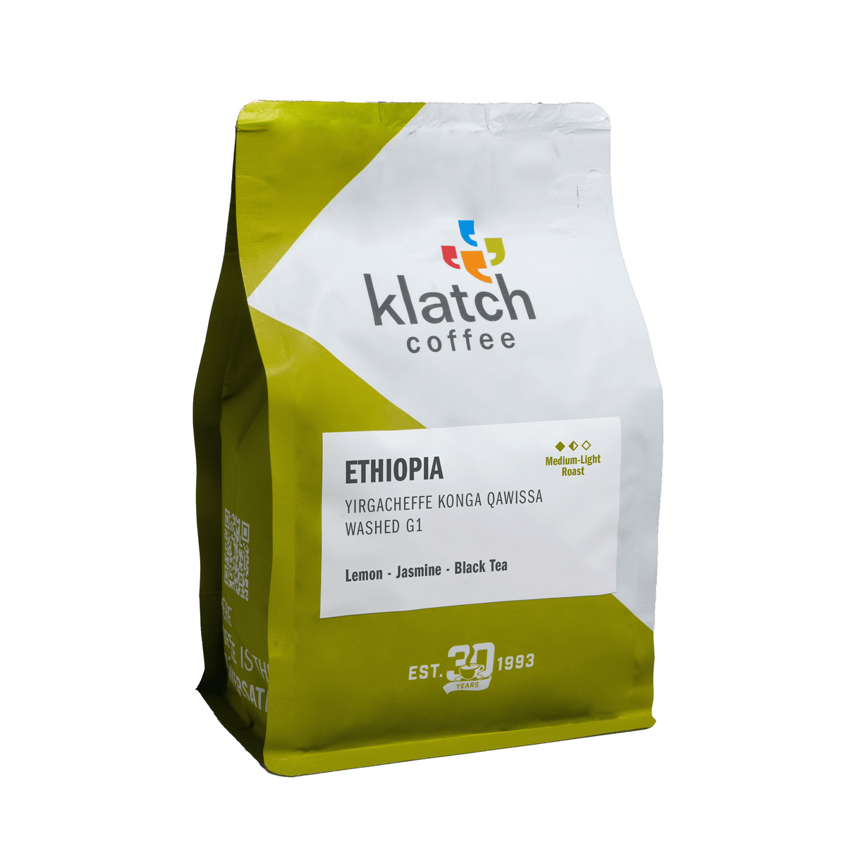 Klatch Coffee bag with Ethiopia-Yirgacheffe-Konga-Qawissa Washed G1 label on a white background