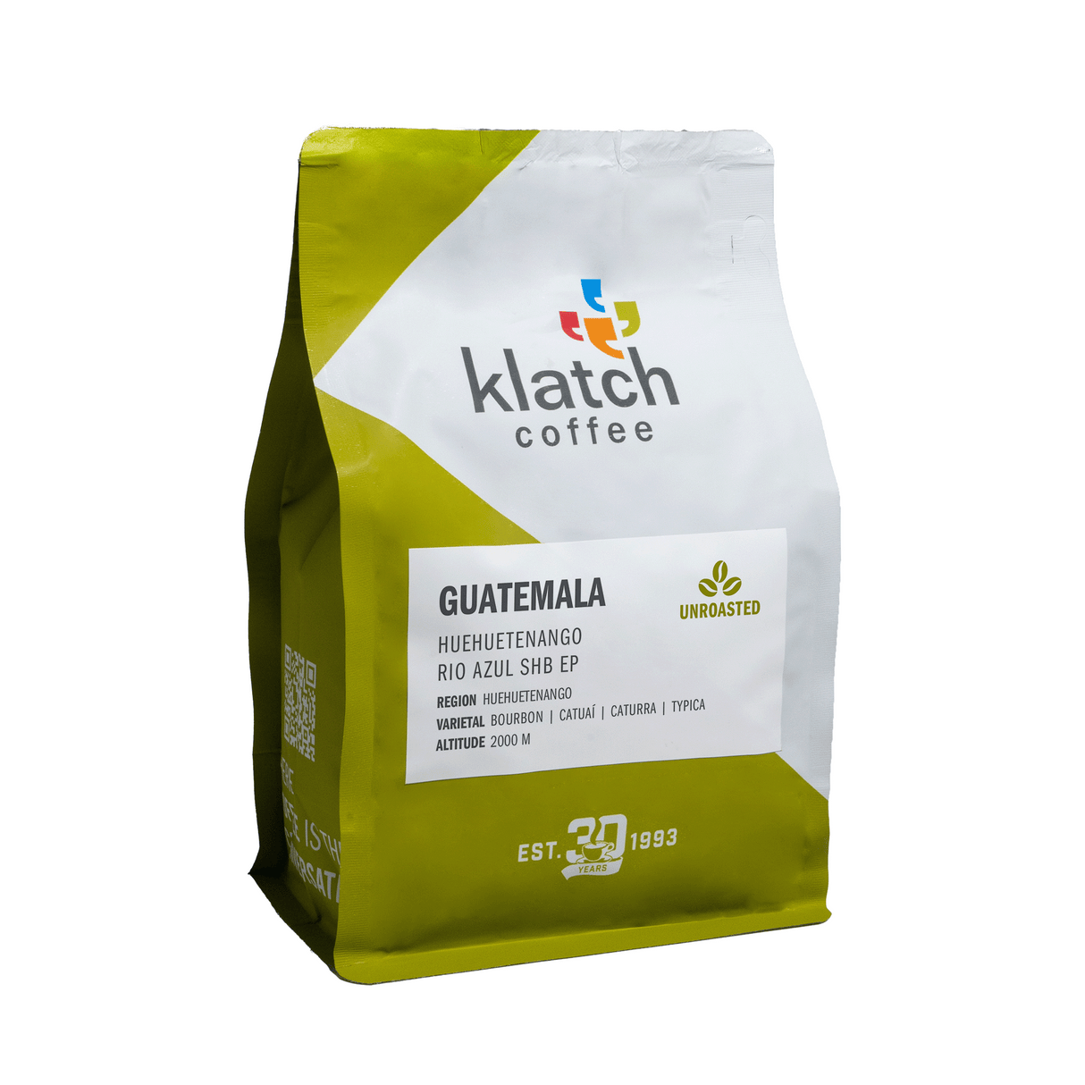 A green coffee bag with the 'Klatch Coffee' branding and 'Guatemala Huehuetenango Rio Azul SHB EP' label, indicating it is an unroasted coffee from Guatemala.