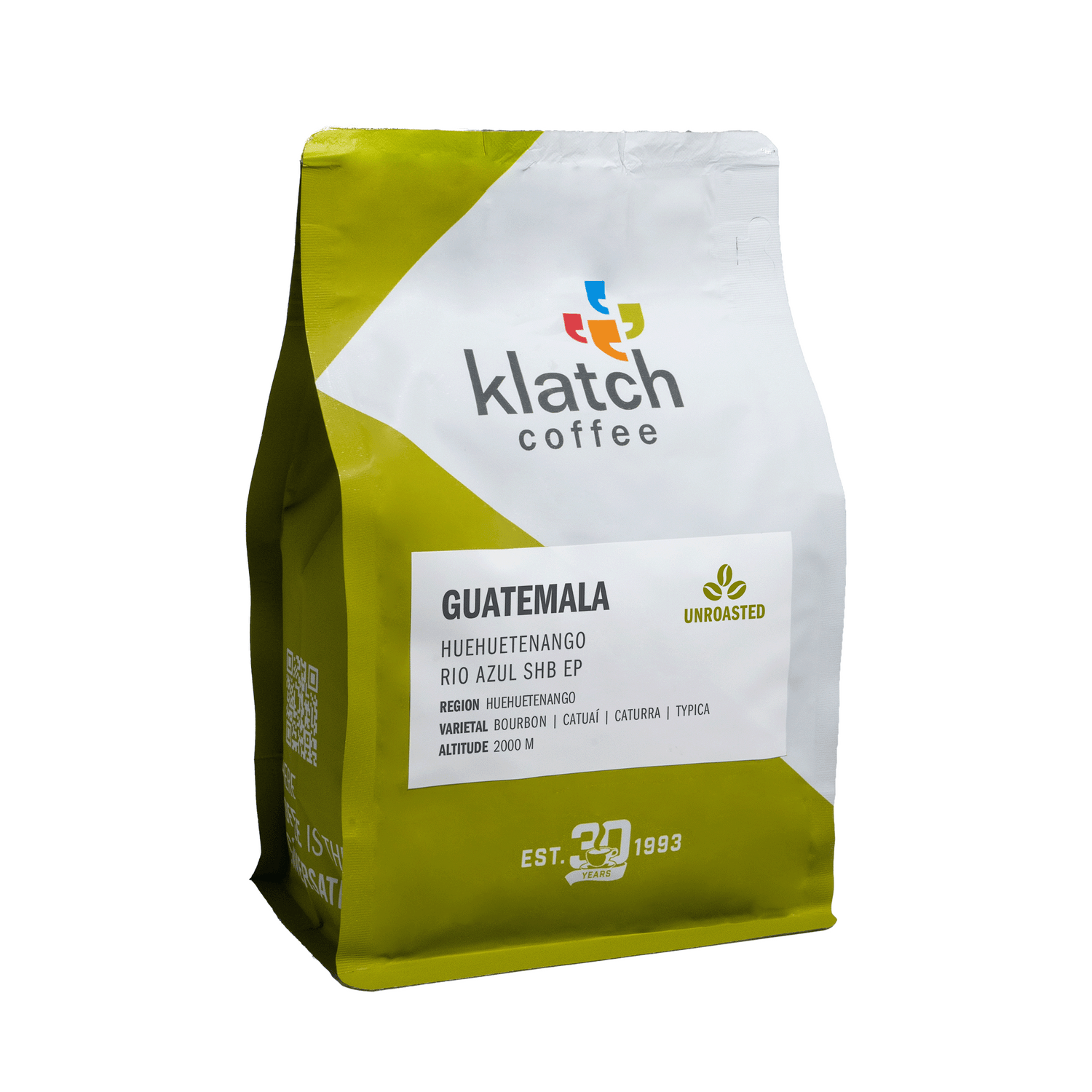 A green coffee bag with the 'Klatch Coffee' branding and 'Guatemala Huehuetenango Rio Azul SHB EP' label, indicating it is an unroasted coffee from Guatemala.