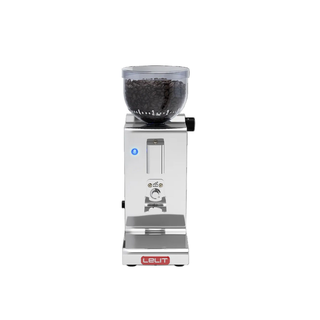 Lelit Fred Tempo Coffee Grinder with a white background, font view.