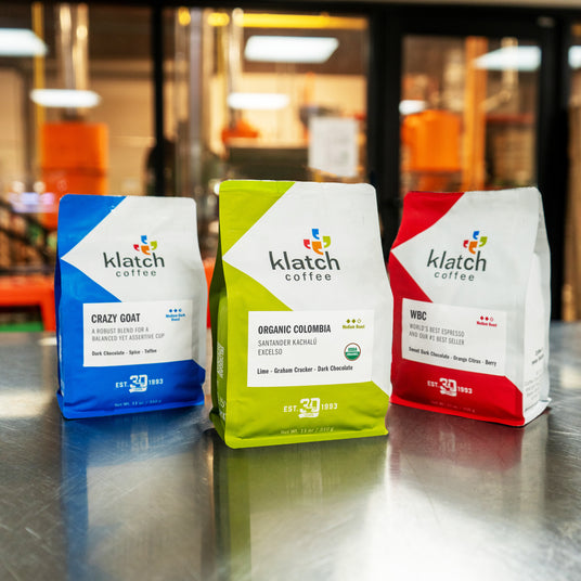 Bags of Klatch Coffee on a table