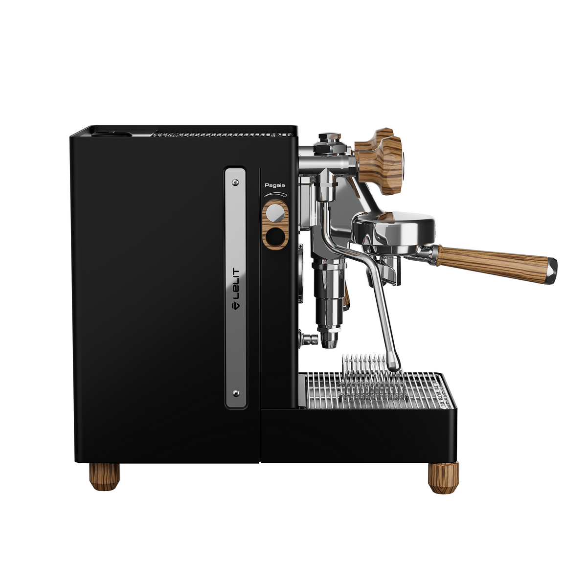 Black espresso machine with wooden handles on a white background