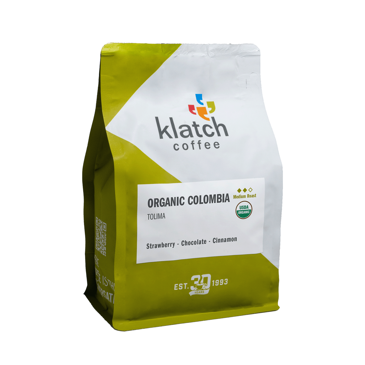Klatch Coffee Organic Colombia coffee bag on a white background