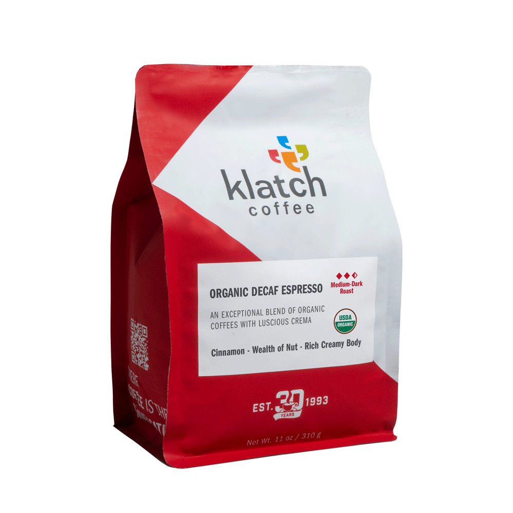 Organic Decaf Espresso red and white Klatch coffee bag with white background.
