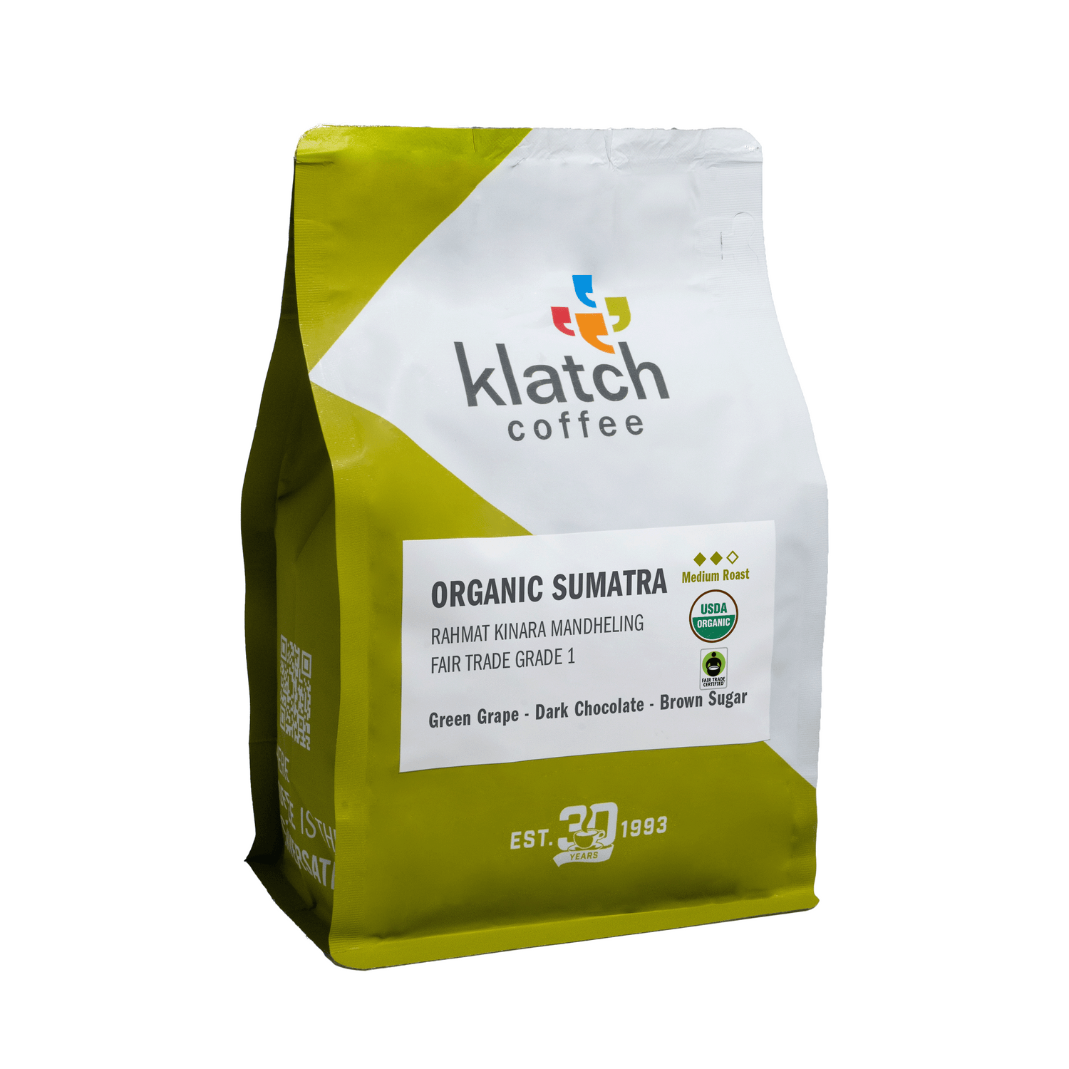 Klatch Coffee Organic Sumatra Fair Trade coffee bag, green and white on a white background.
