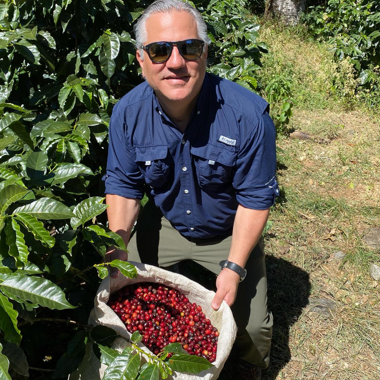 a man in a blue shirt