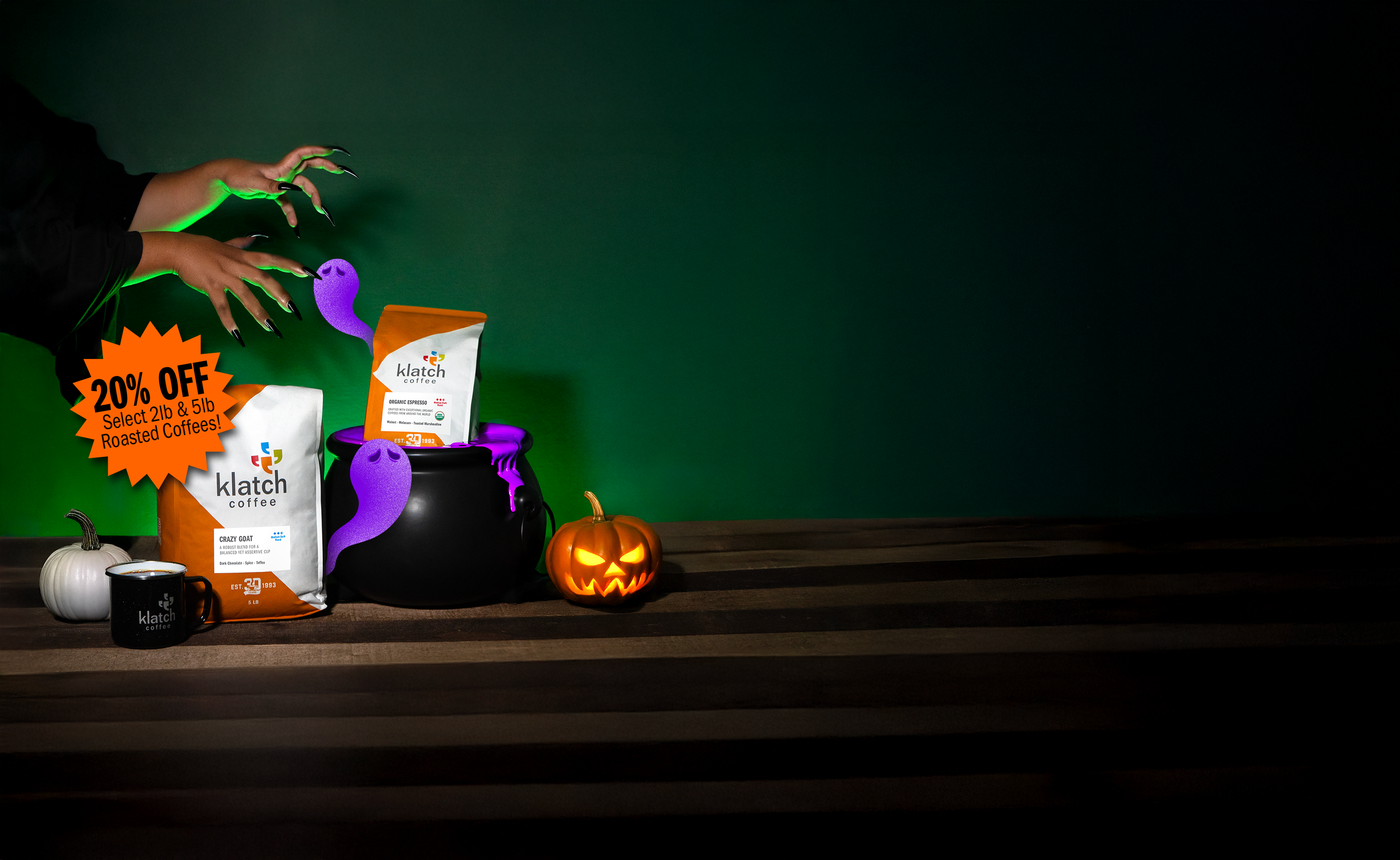 Witch like hands hovering above a cauldron filled with 2lb and 5lb coffee bags, with ghosts and smoke accents, and an orange circle showing ‘20% Off.’