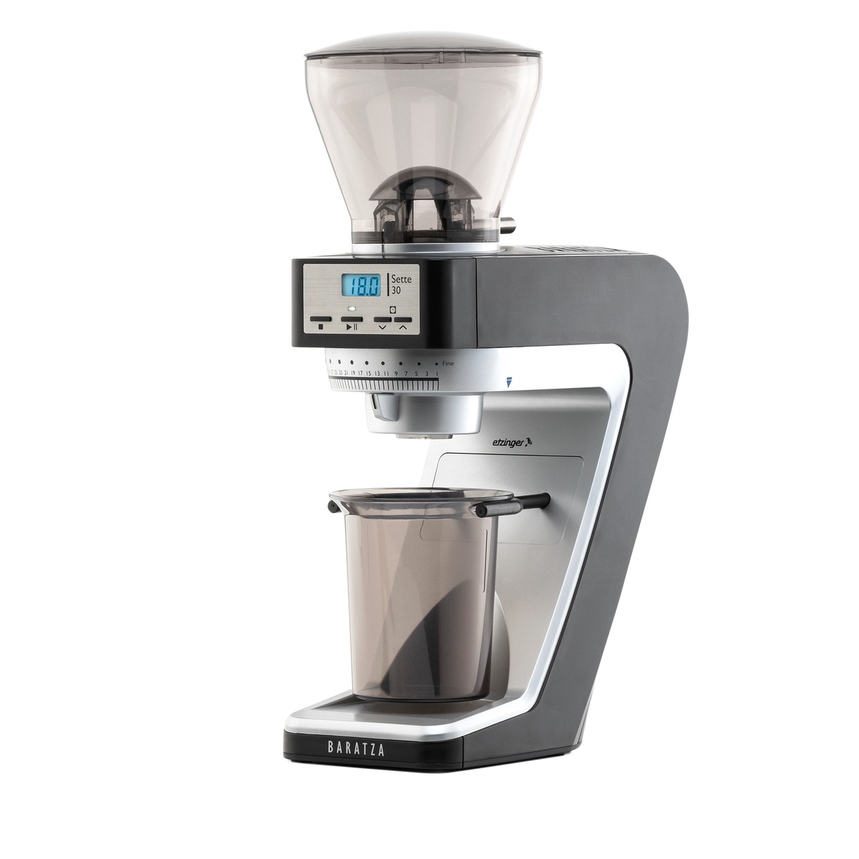 A Baratza espresso grinder with a dark gray and silver body, a clear bean hopper on top, and a clear collection cup below, shown on a solid white background.