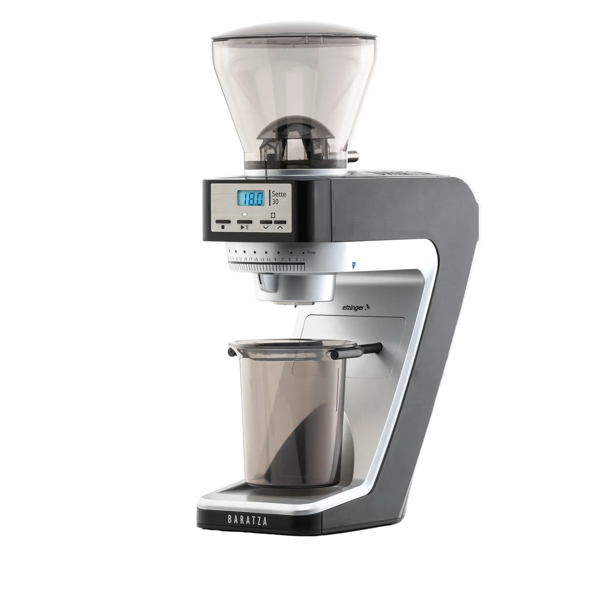 A Baratza espresso grinder with a dark gray and silver body, a clear bean hopper on top, and a clear collection cup below, shown on a solid white background.