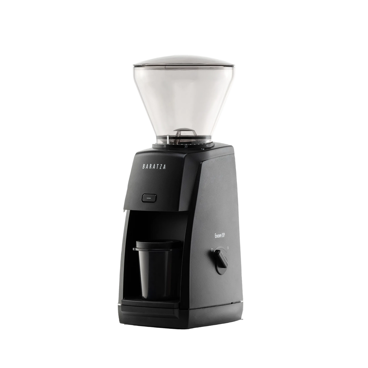 Black Baratza Encore EP coffee grinder with clear hopper, 3/4 view.