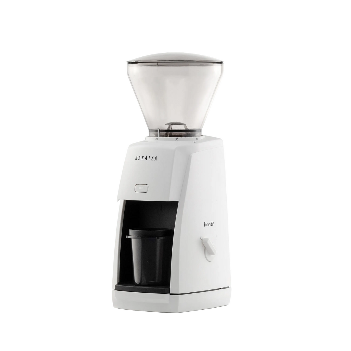 White Baratza Encore EP coffee grinder with clear hopper, 3/4 view.