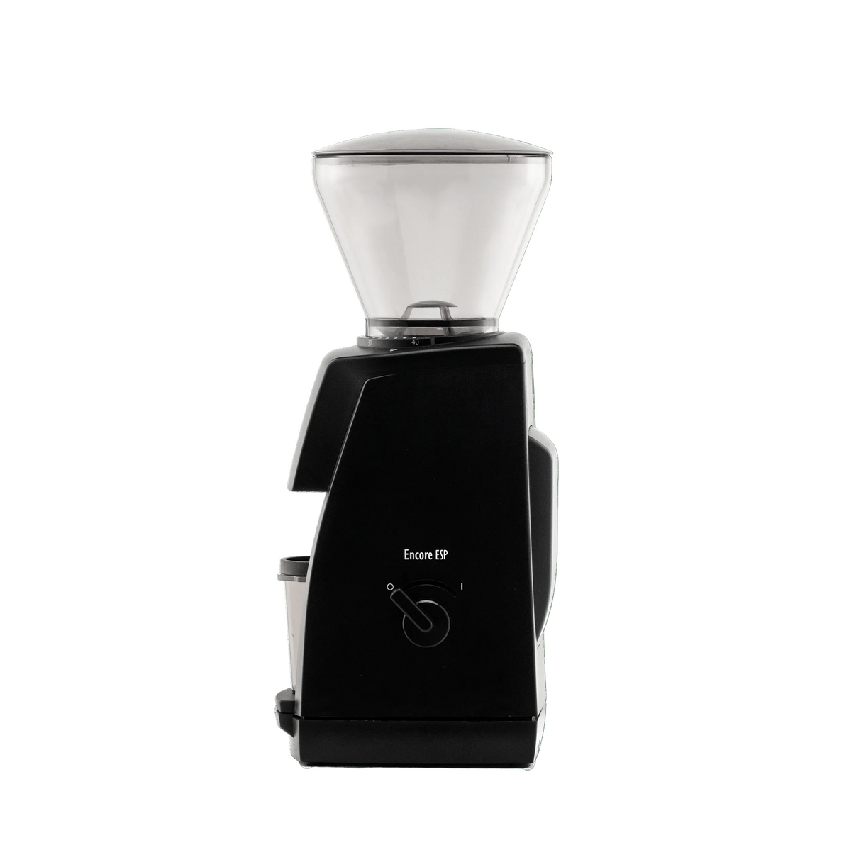 Black Baratza Encore EP coffee grinder with clear hopper, side view.