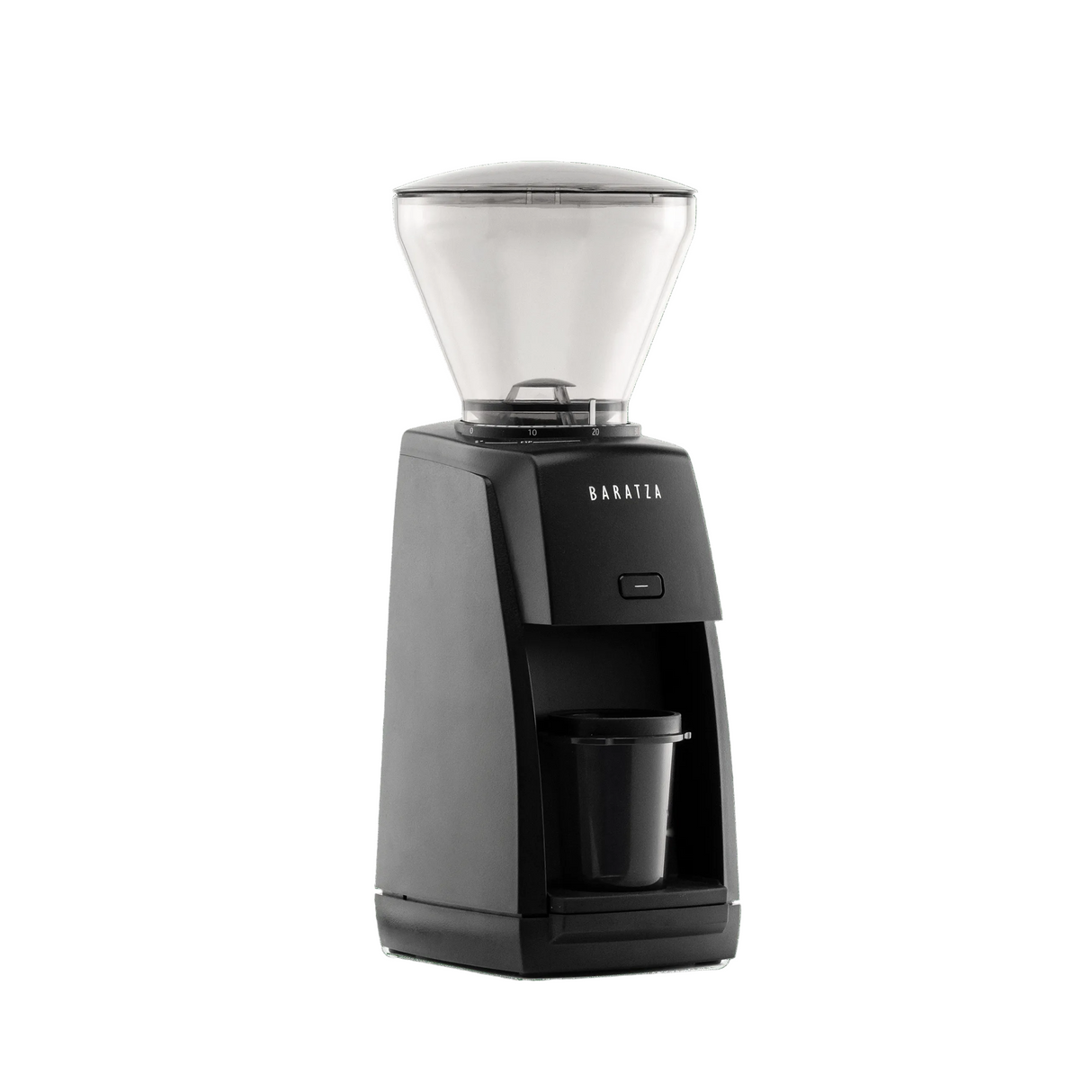 Black Baratza Encore EP coffee grinder with clear hopper, 3/4 view.