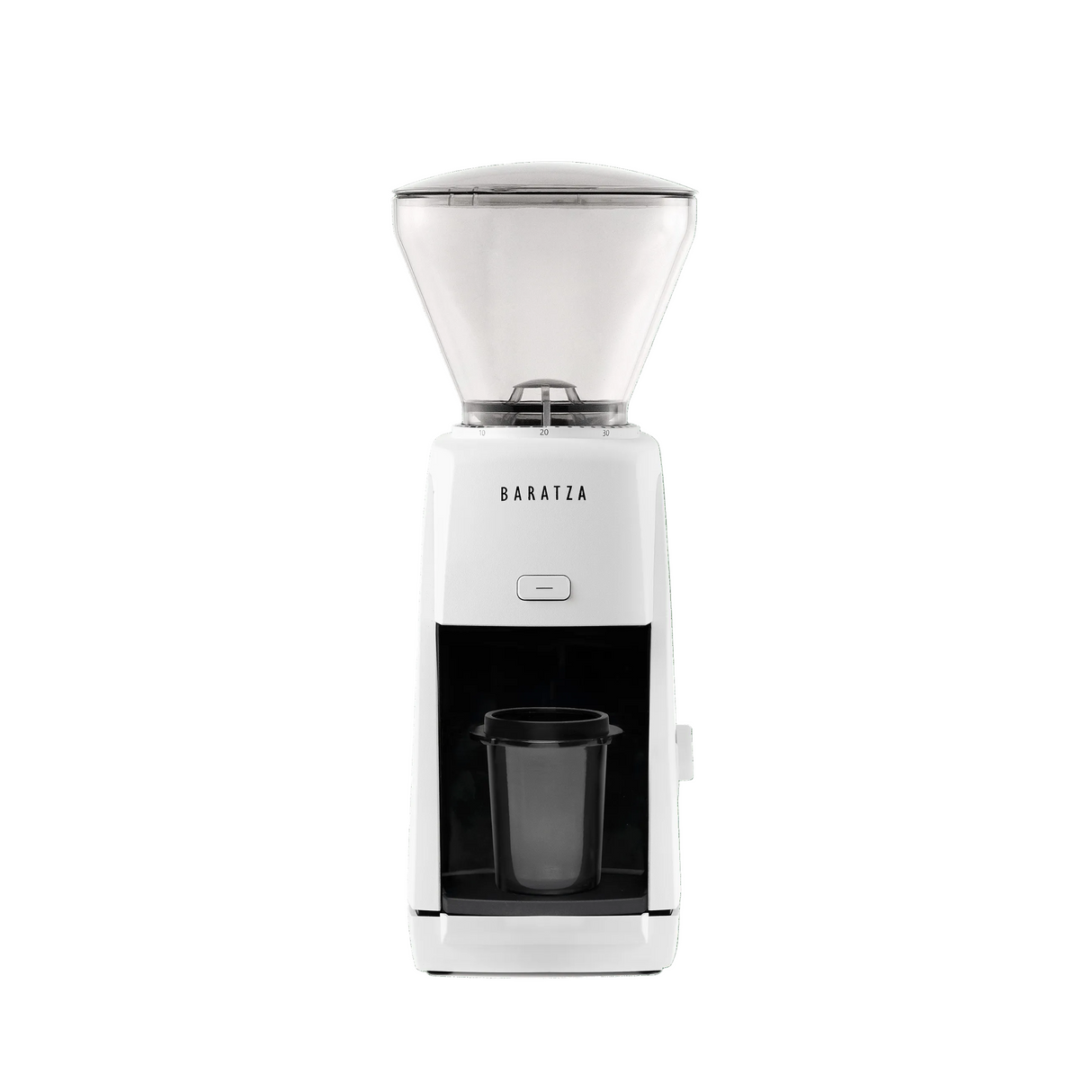 WhiteBaratza Encore EP coffee grinder with clear hopper, front view.