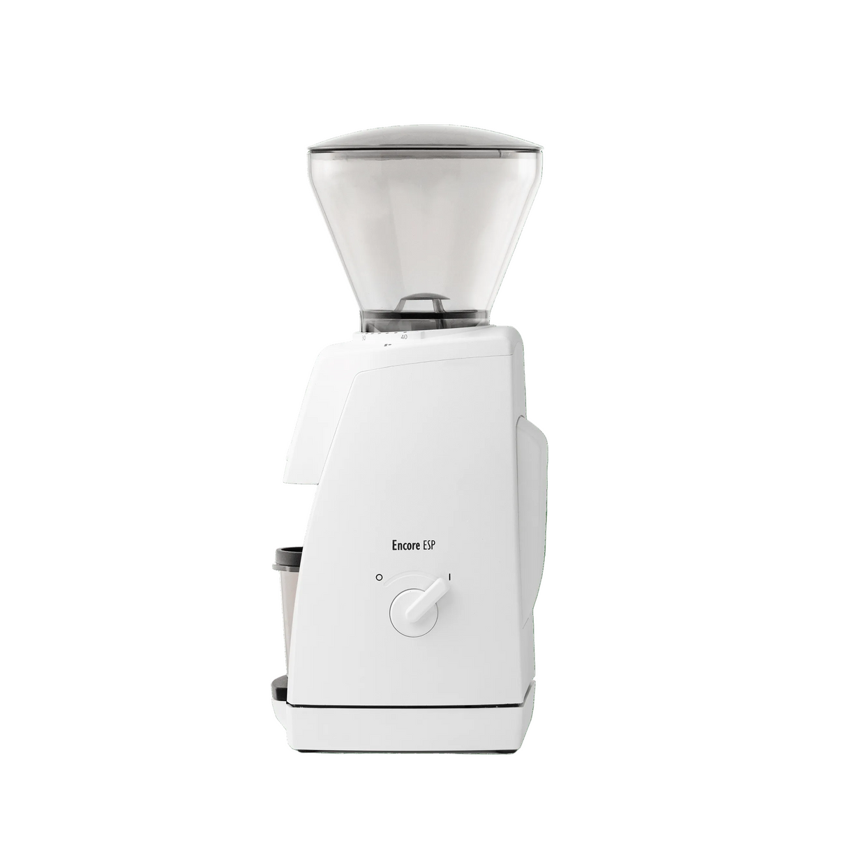 White Baratza Encore EP coffee grinder with clear hopper, side view.