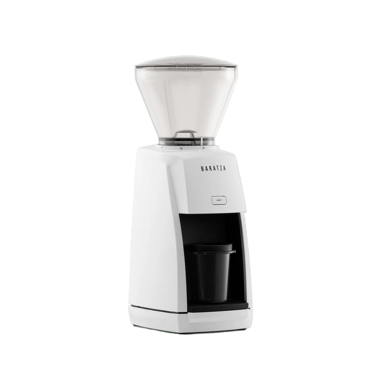White Baratza Encore EP coffee grinder with clear hopper, 3/4 view.