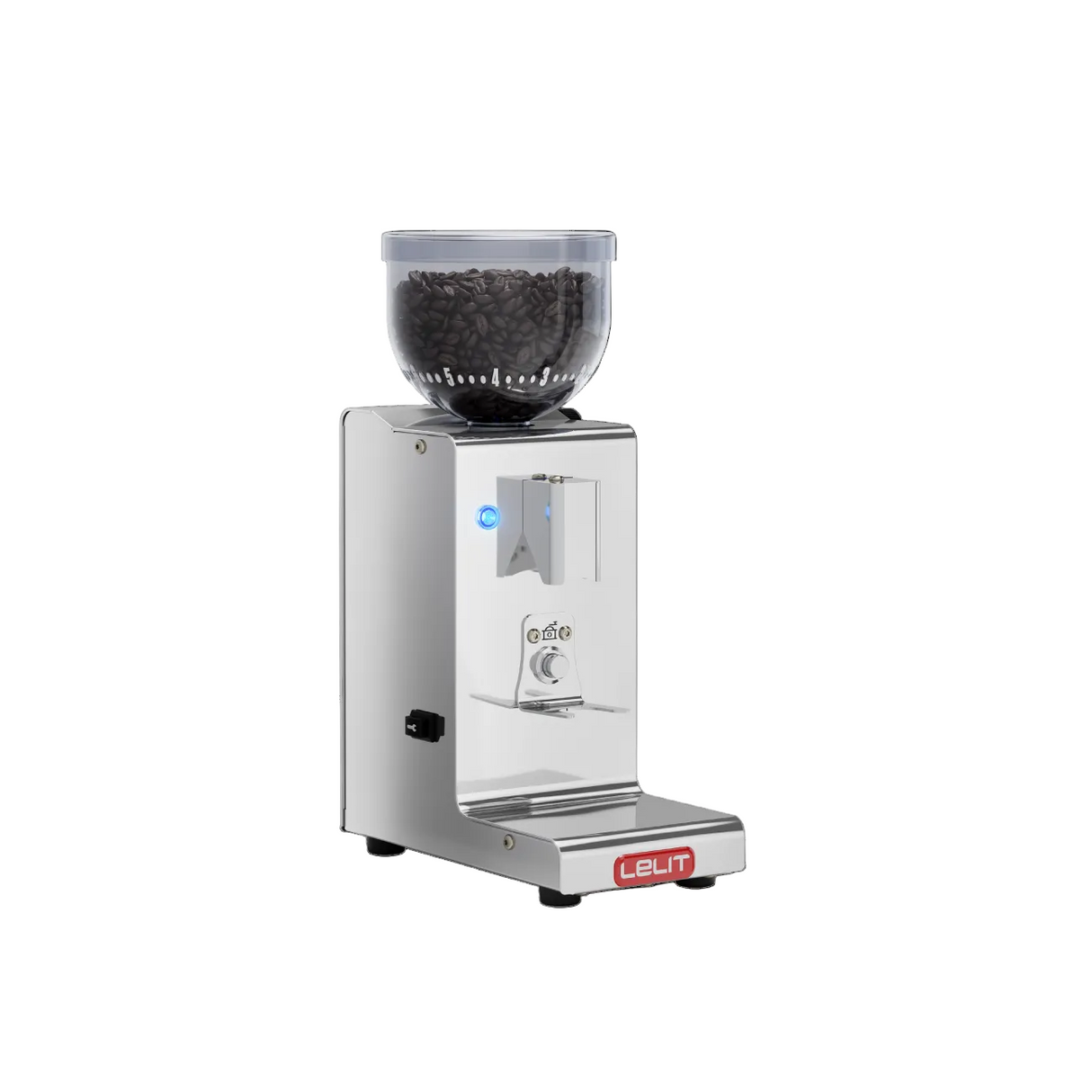 Lelit Fred Tempo Coffee Grinder with a clear hopper of coffee beans on a white background
