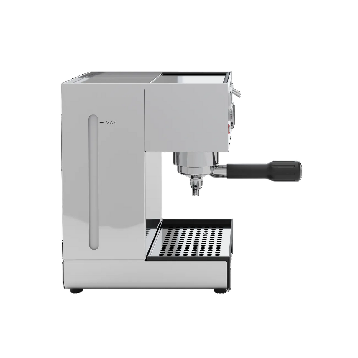 A stainless steel Lelit Anna Espresso Machine with a black portafilter handle, shown from a side profile on a white background.