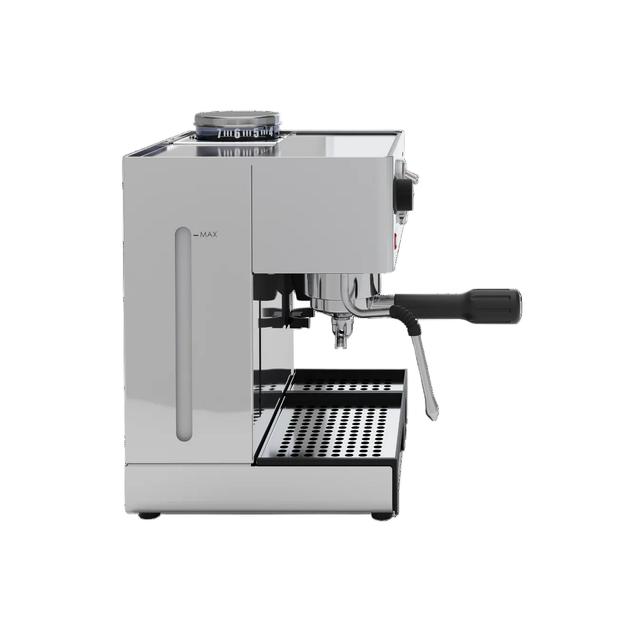 A stainless steel Lelit Anita Espresso Machine W/Grinder with a black portafilter handle and drip tray, shown from a three-quarter angle on a solid white background.