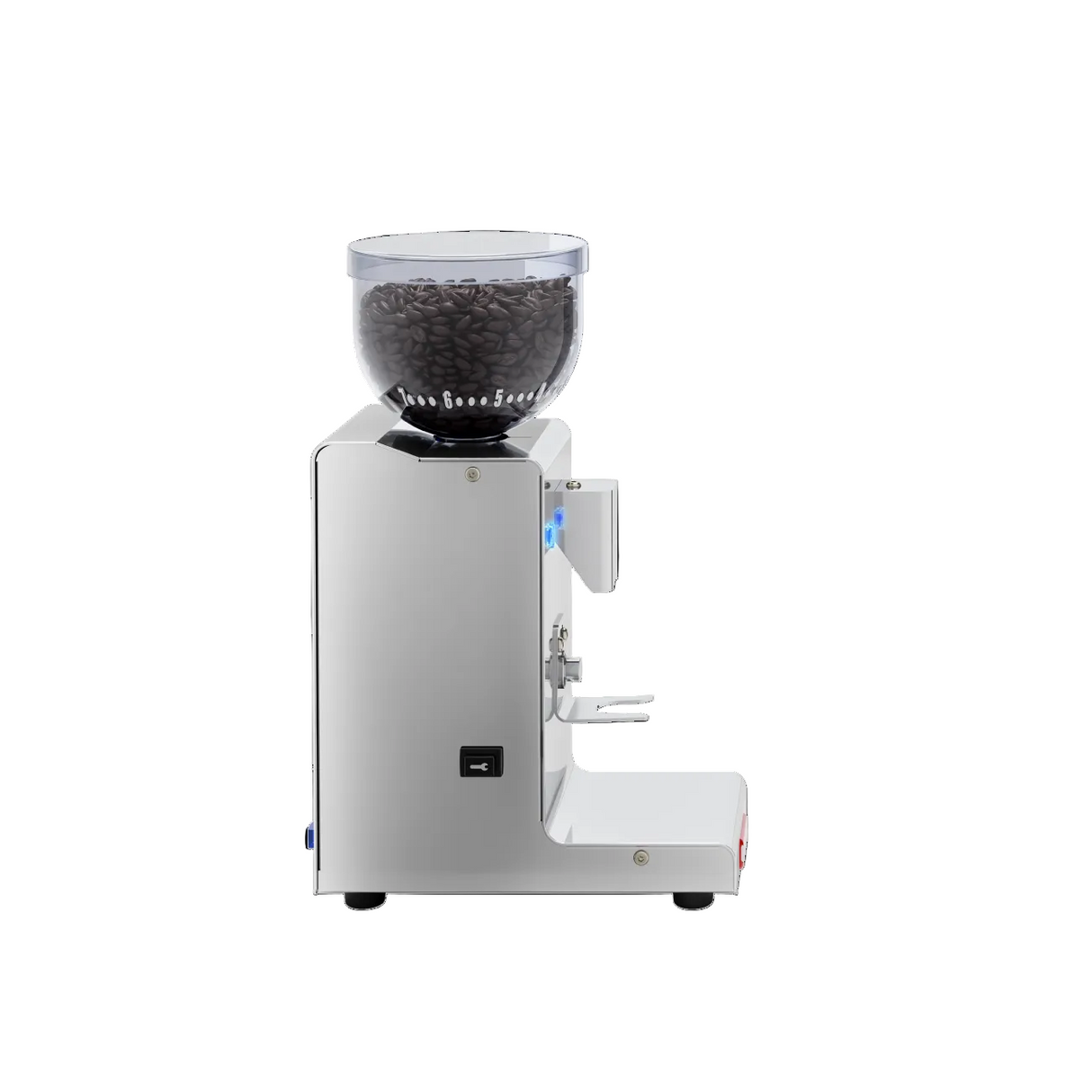 Lelit Fred Tempo Coffee Grinder with a clear hopper of coffee beans on a white background