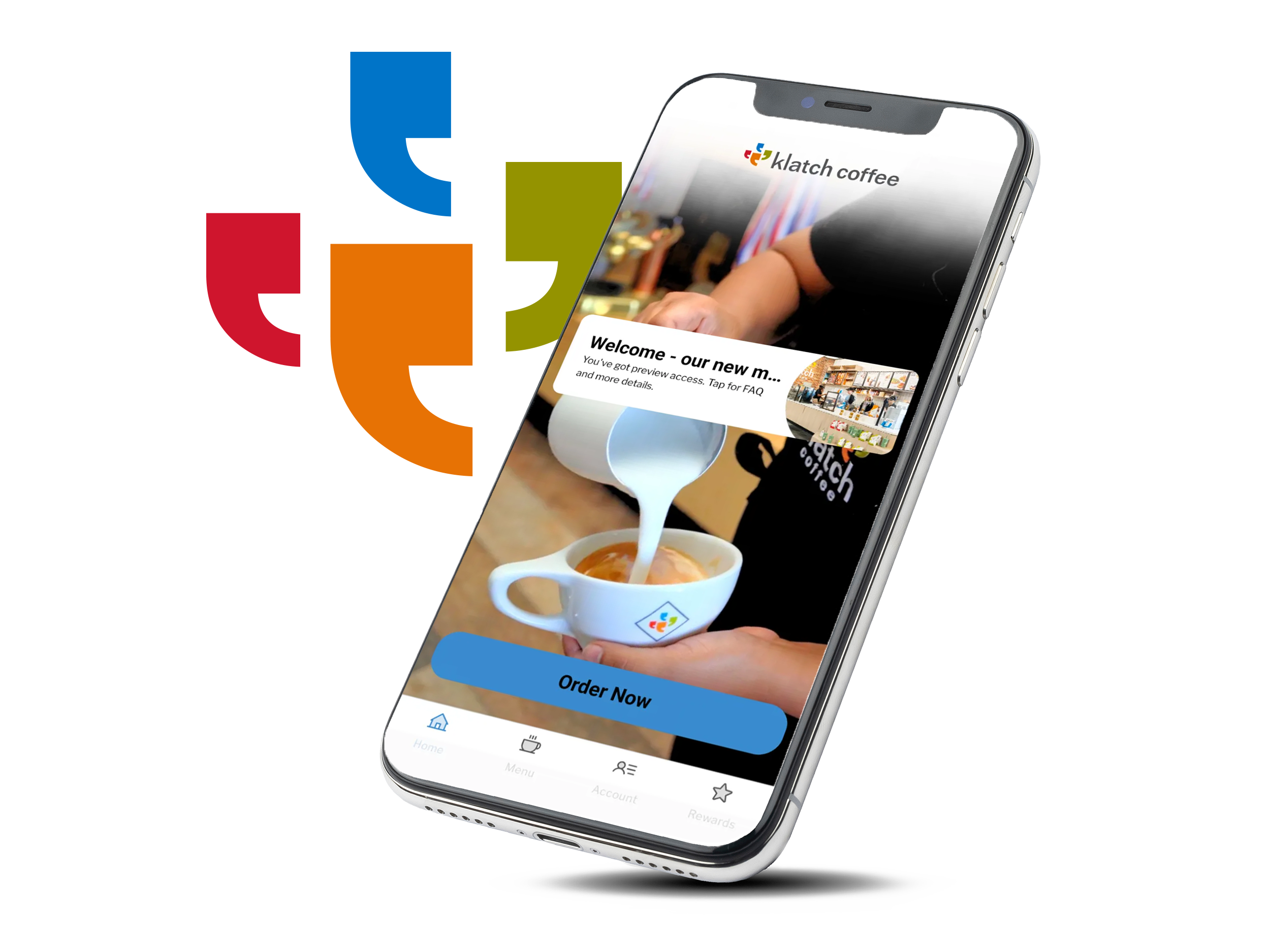 Smartphone displaying Klatch Coffee’s new mobile app with the Klatch logo in the background.