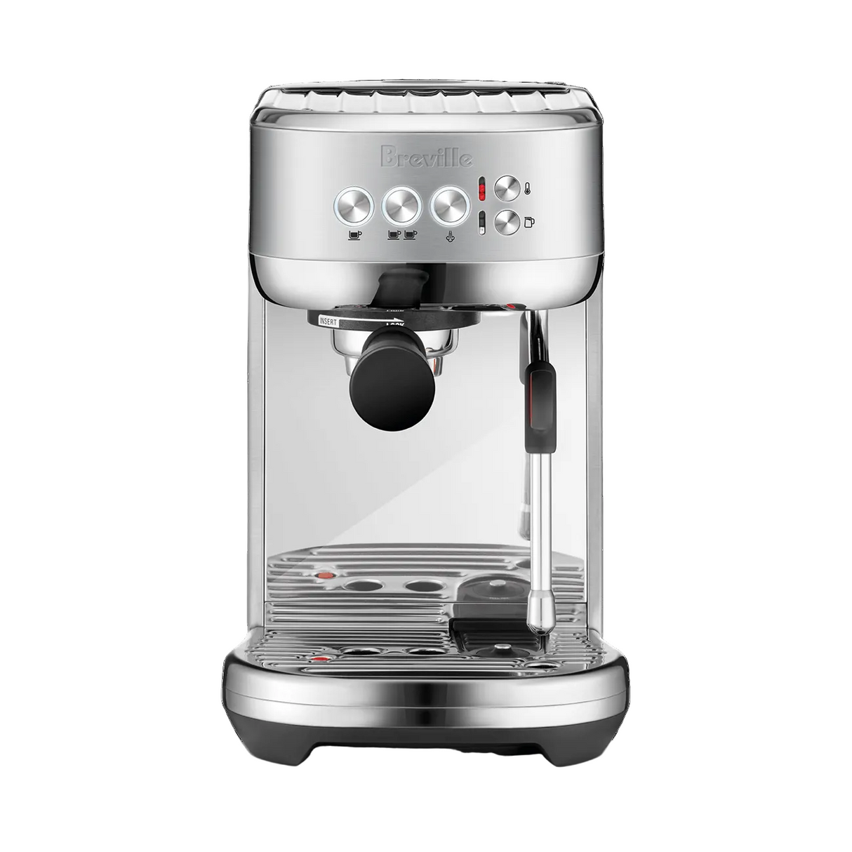 Breville Bambino Plus Espresso Machine with clear glass container on a white background