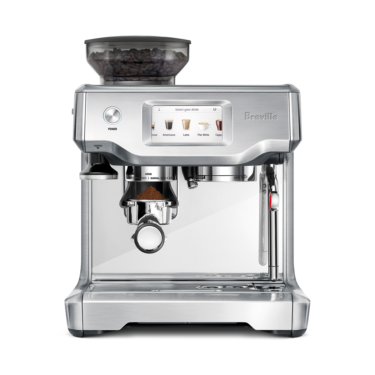 Barista Touch Espresso Machine with coffee grounds in portafilter with digital display on a white background