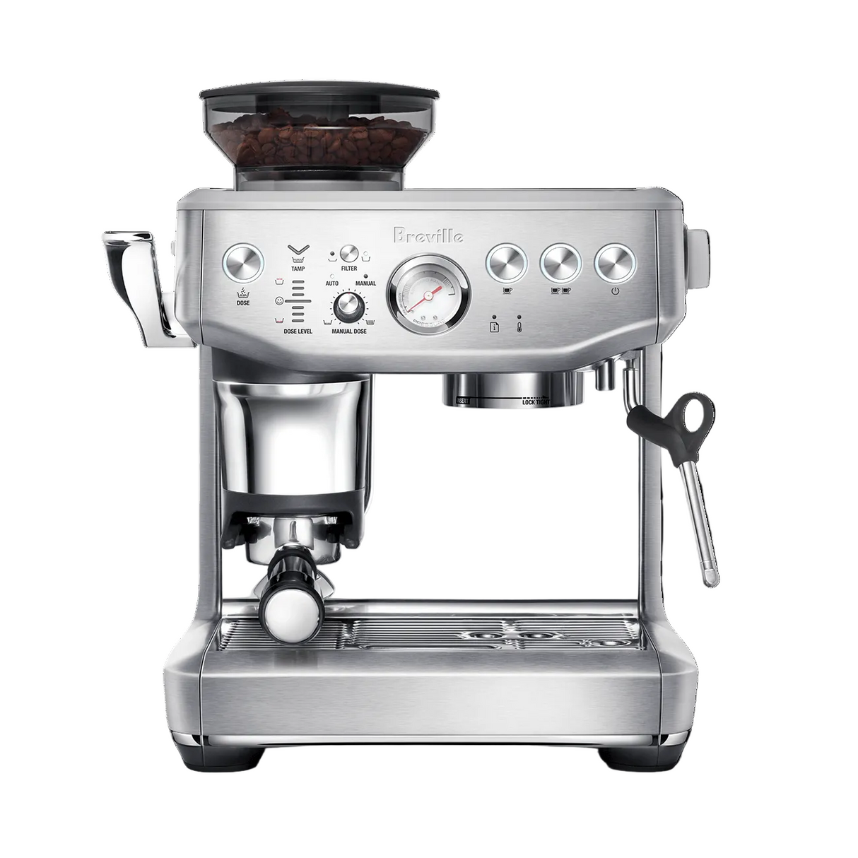 Breville Barista Express Impress Espresso Machine on a white background front view.