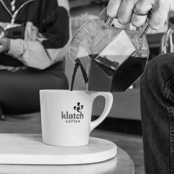 Black and white photo of Klatch Coffee
