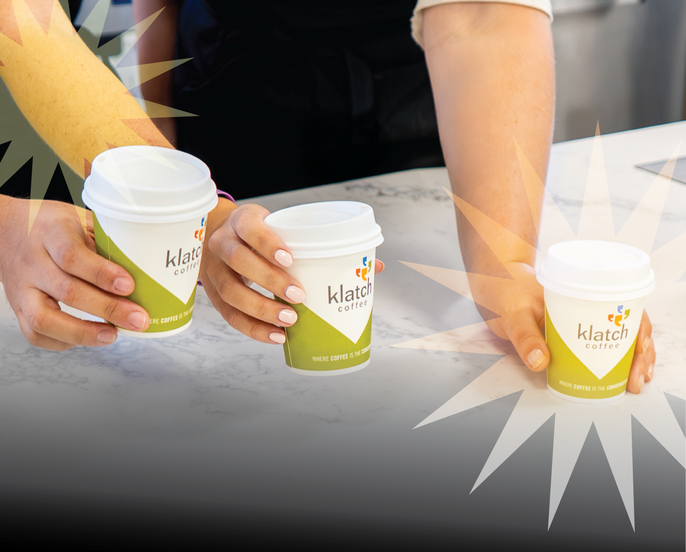 Three hands holding green Klatch cups with the Klatch logo centered in the photo, yellow shapes in the foreground.