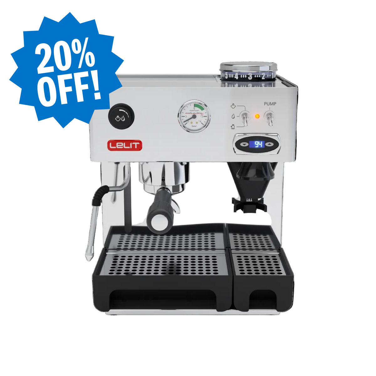 LELIT espresso machine with built-in grinder on a white background, featuring a badge highlighting 20% off.