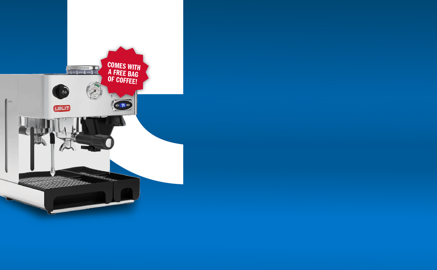LELIT espresso machine on a blue and white background with a badge highlighting a free 310g bag of coffee with purchase.