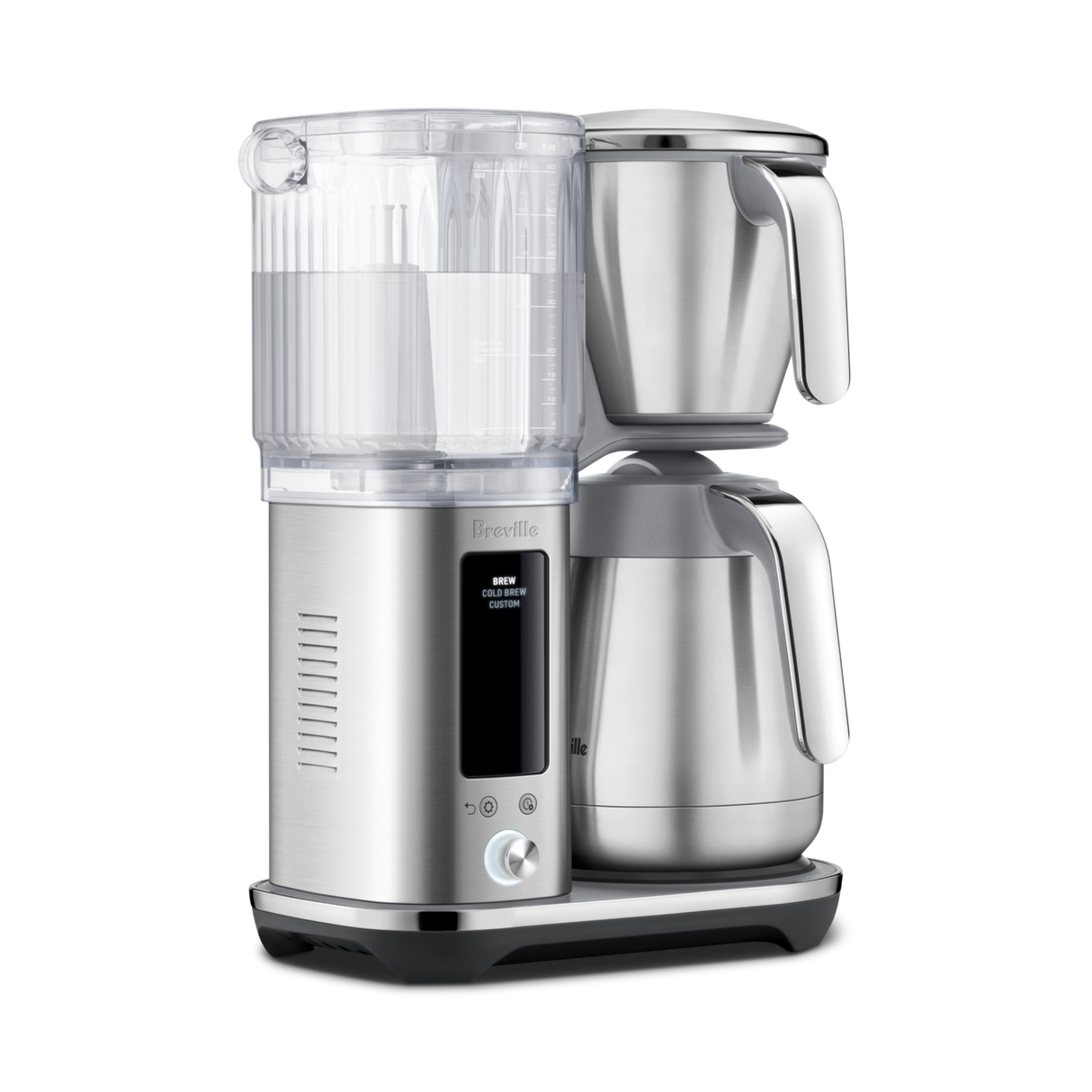 Breville Stainless steel coffee maker with clear carafe on a white background
