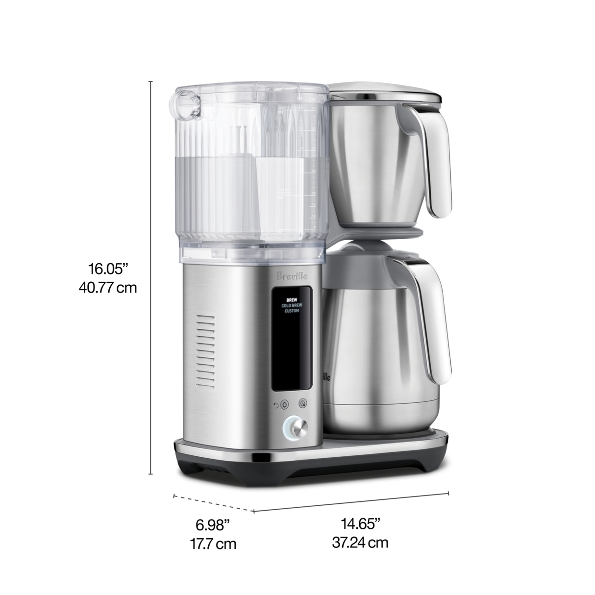 Breville coffee maker with dimensions labeled on a white background