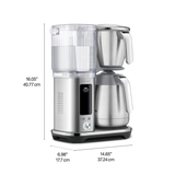 Breville coffee maker with dimensions labeled on a white background