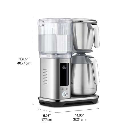 Breville coffee maker with dimensions labeled on a white background