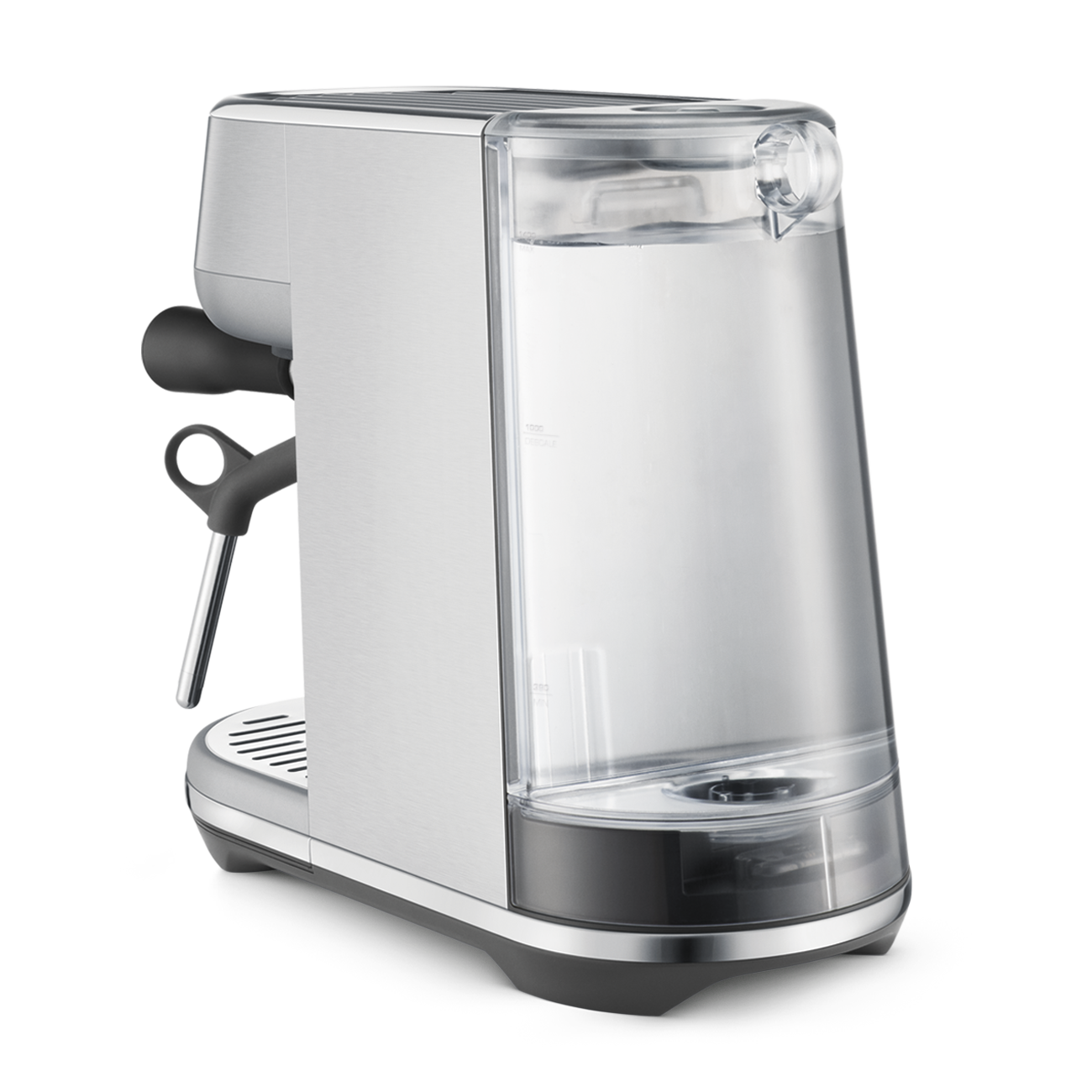 Breville Bambino Espresso Machine with clear plastic water tank on a white background, back view.