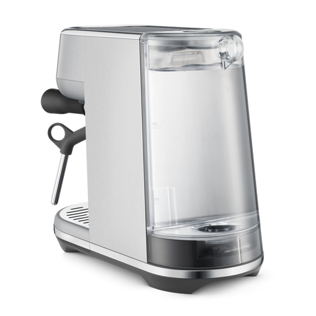 Breville Bambino Espresso Machine with clear plastic water tank on a white background, back view.